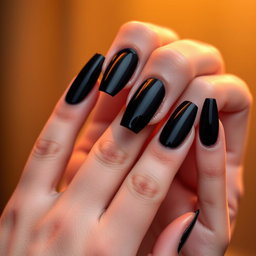 A close-up photograph of beautifully manicured hands with glossy black nail polish