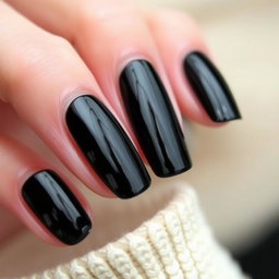 A close-up view of beautifully manicured hands with glossy black nails, showcasing their shine and elegance