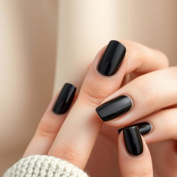 A close-up view of beautifully manicured hands with glossy black nails, showcasing their shine and elegance