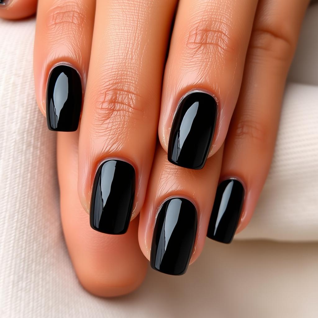 A close-up view of beautifully manicured hands with glossy black nails, showcasing their shine and elegance