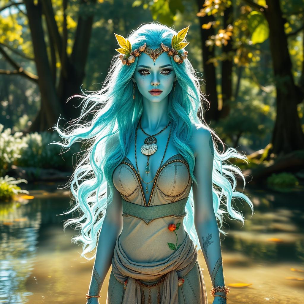 A female water genasi druid with light blue skin, embodying the essence of nature and water