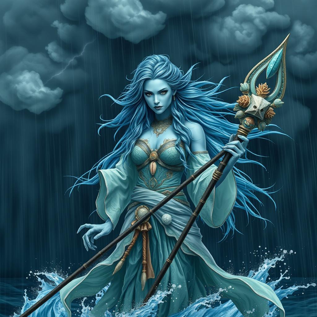 A female water genasi druid with light blue skin, standing in the midst of a powerful storm
