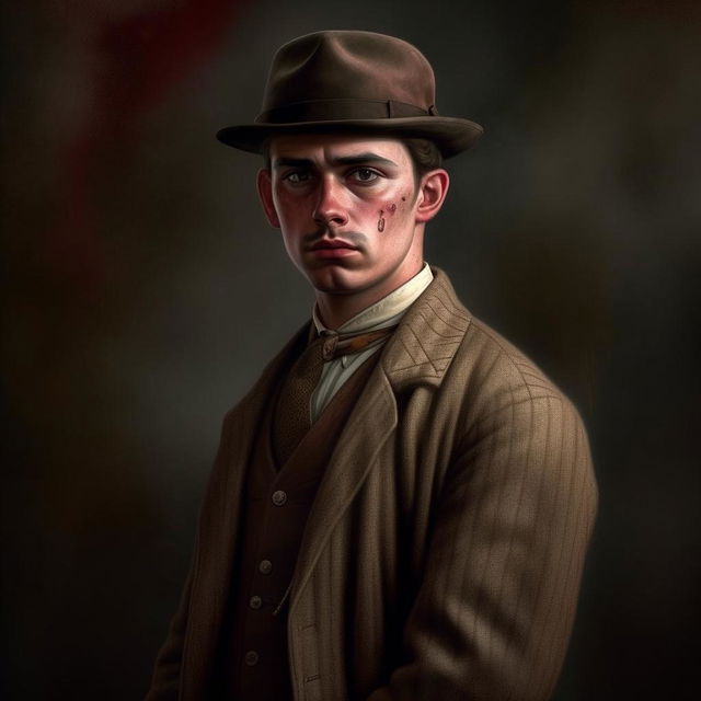 A hyper-realistic depiction of a 29-year-old English gangster from Bristol, dressed in detailed early 20th century attire, featuring subtle signs of a recent fight, and a background hinting at the post-WW1 era.