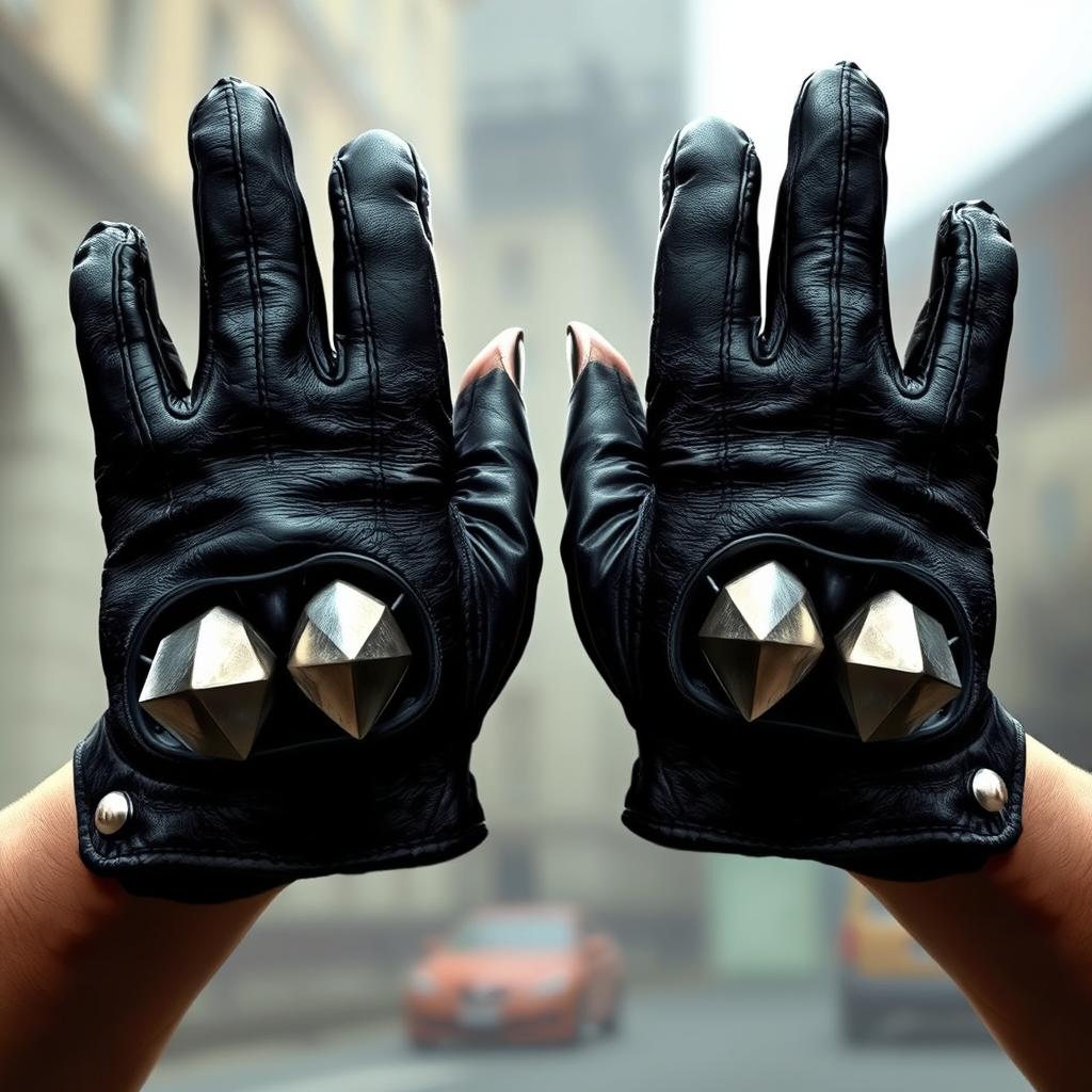 An artistic depiction of a pair of black leather gloves, prominently featuring metal-tipped knuckles on the front
