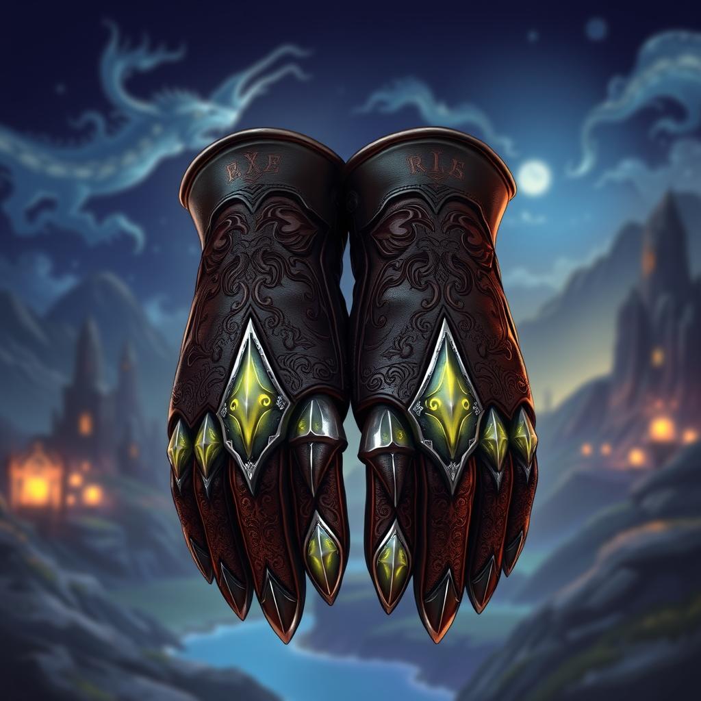 A fantasy-themed illustration of a pair of leather gloves, prominently featuring metal-tipped knuckles at the front