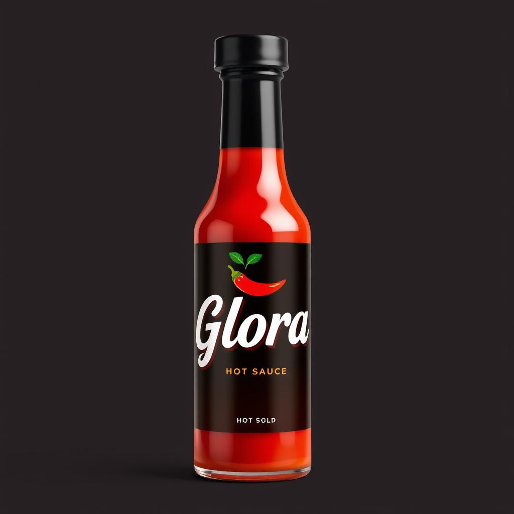 A realistic hot sauce bottle with the brand name 'Glora', featuring a modern and bold design