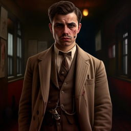 A hyper-realistic depiction of a 29-year-old English gangster from Bristol, dressed in detailed early 20th century attire, featuring subtle signs of a recent fight, and a background hinting at the post-WW1 era.