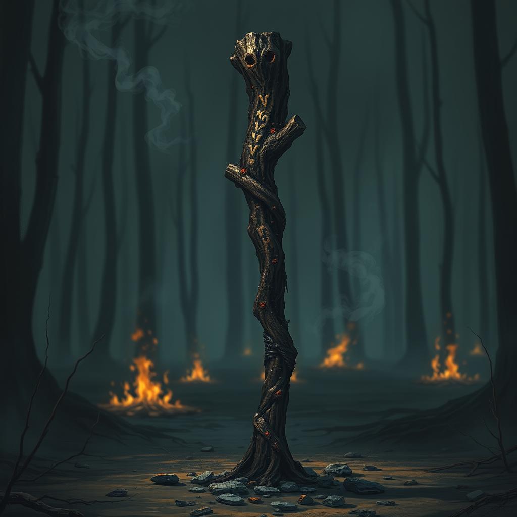 An evocative illustration of an old, burned staff, showcasing its rough, charred texture and remnants of ash clinging to its surface
