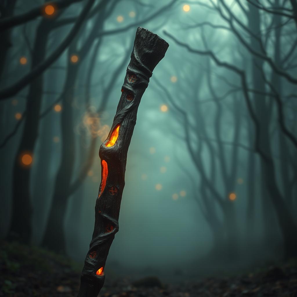 A fantasy depiction of an old, burned staff resembling a simple stick, yet infused with an aura of magic