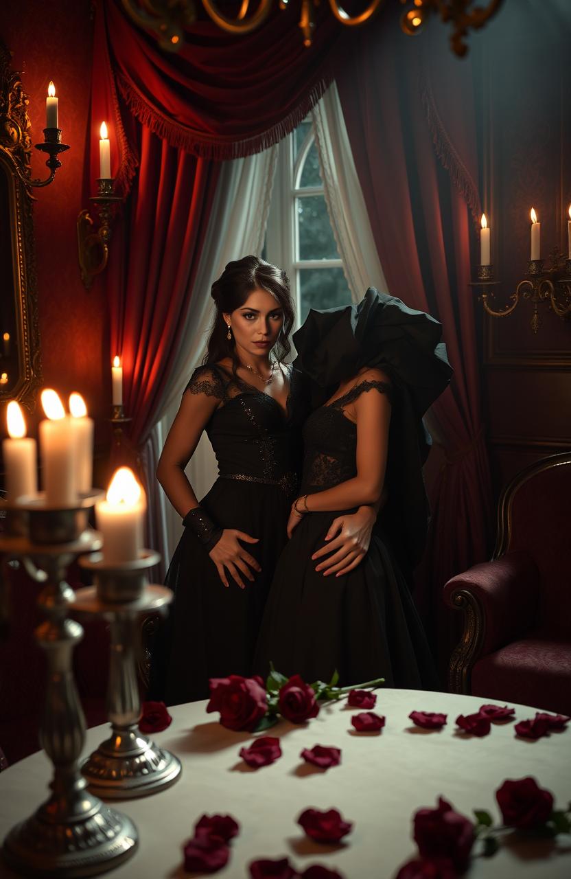 A dark romance scene set in an elegant, dimly lit Victorian-era room