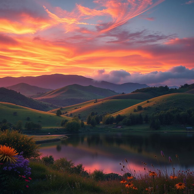 A stunning landscape featuring rolling hills covered in lush greenery, with a vibrant sunset sky painted in shades of orange, purple, and pink