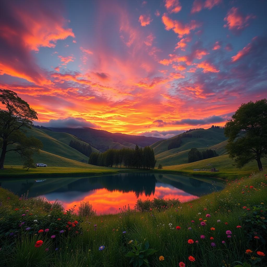 A stunning landscape featuring rolling hills covered in lush greenery, with a vibrant sunset sky painted in shades of orange, purple, and pink