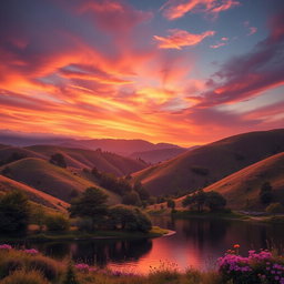 A stunning landscape featuring rolling hills covered in lush greenery, with a vibrant sunset sky painted in shades of orange, purple, and pink