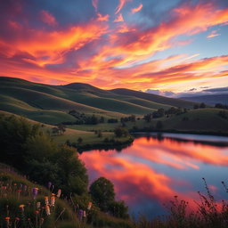 A stunning landscape featuring rolling hills covered in lush greenery, with a vibrant sunset sky painted in shades of orange, purple, and pink