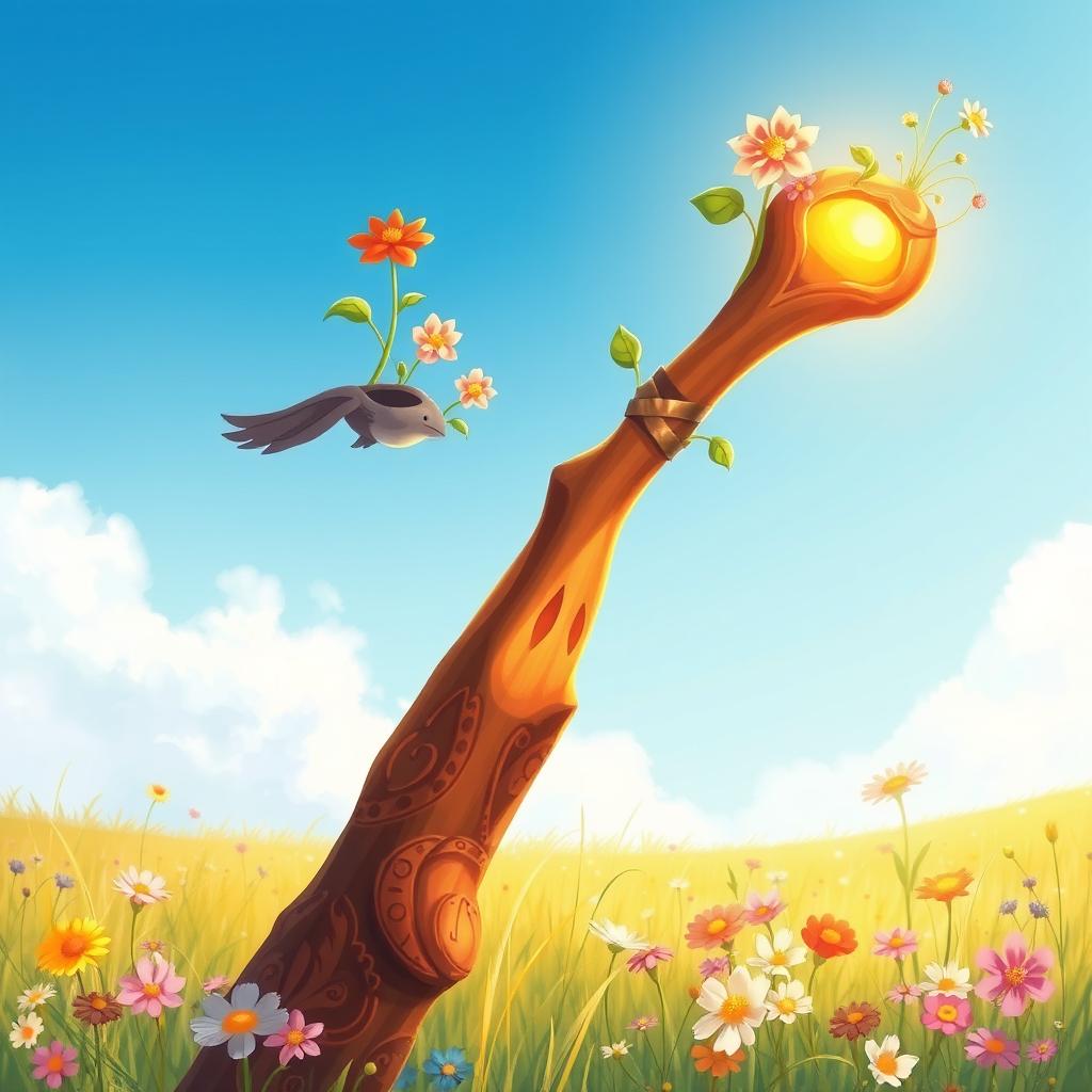 A vibrant fantasy illustration of an old, burned staff that resembles a simple stick, designed with a whimsical and lighthearted style