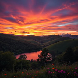 A stunning landscape featuring rolling hills covered in lush greenery, with a vibrant sunset sky painted in shades of orange, purple, and pink