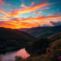 A stunning landscape featuring rolling hills covered in lush greenery, with a vibrant sunset sky painted in shades of orange, purple, and pink