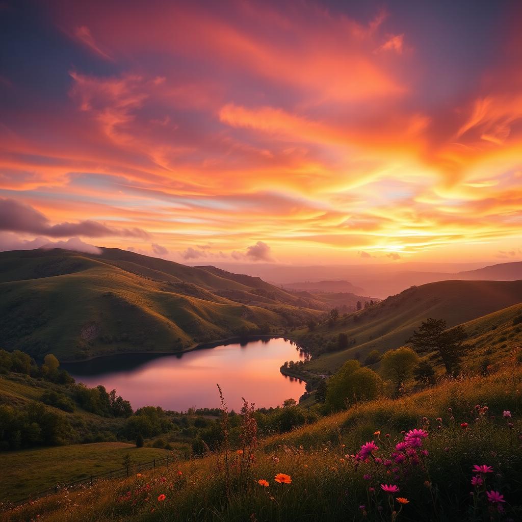 A stunning landscape featuring rolling hills covered in lush greenery, with a vibrant sunset sky painted in shades of orange, purple, and pink