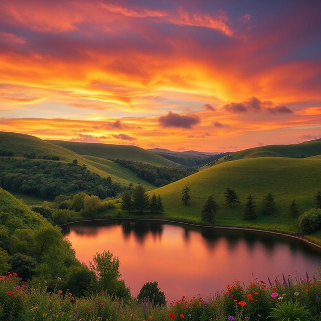 A stunning landscape featuring rolling hills covered in lush greenery, with a vibrant sunset sky painted in shades of orange, purple, and pink