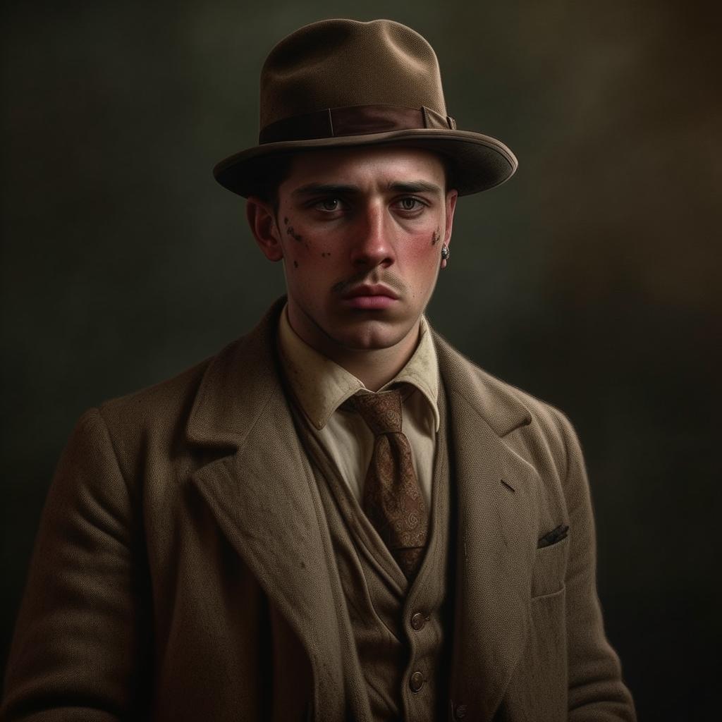 A hyper-realistic depiction of a 29-year-old English gangster from Bristol, dressed in detailed early 20th century attire, featuring subtle signs of a recent fight, and a background hinting at the post-WW1 era.