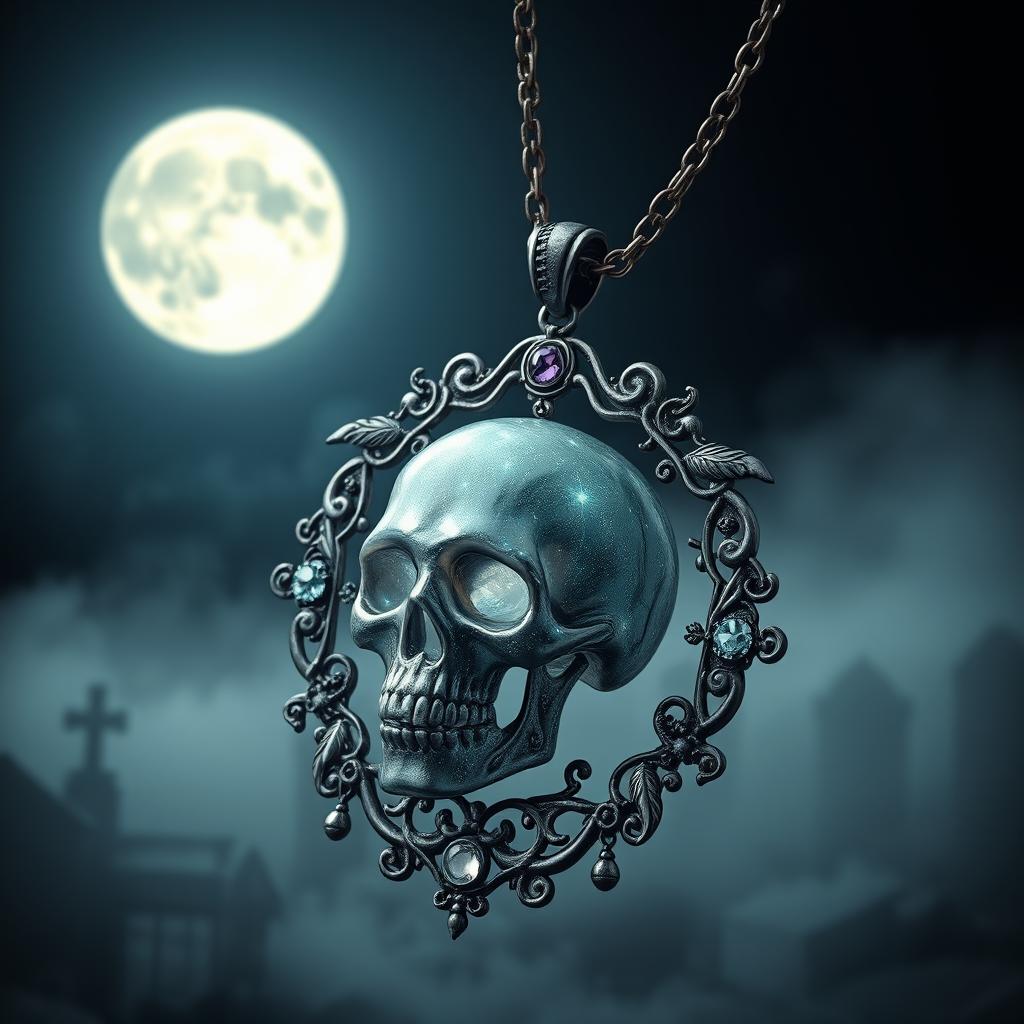 An ornate necklace designed for communicating with the dead, featuring a delicately crafted pendant shaped like a shimmering skull entwined with ethereal wisps