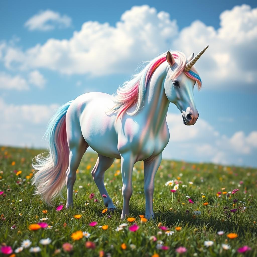 A majestic unicorn standing in a lush green meadow, its coat shimmering in iridescent pastel colors, with a spiraled horn glistening in the sunlight