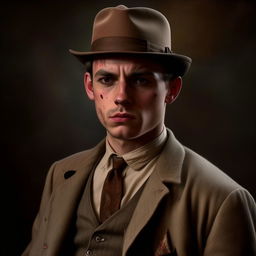 A hyper-realistic depiction of a 29-year-old English gangster from Bristol, dressed in detailed early 20th century attire, featuring subtle signs of a recent fight, and a background hinting at the post-WW1 era.