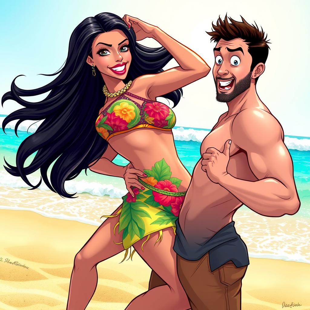 A strikingly beautiful Brazilian woman with long, flowing black hair, dressed in a vibrant tropical outfit, is striking a powerful yet playful pose as she leans towards a surprised man