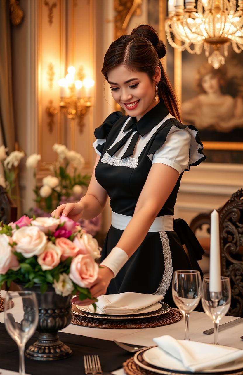 A maid dressed in a classic black and white uniform, neatly arranging flowers in an ornate vase on a beautifully set dining table
