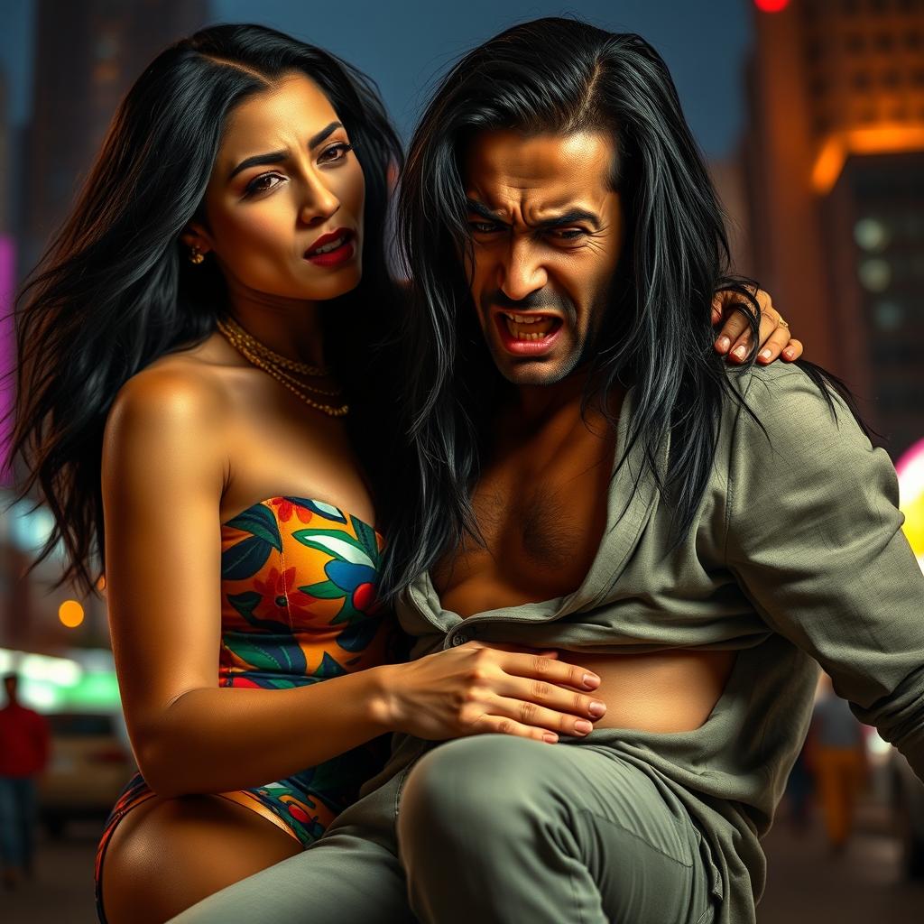 A striking Brazilian woman with long black hair, wearing a stylish and colorful outfit, is shown in a moment of dramatic intensity