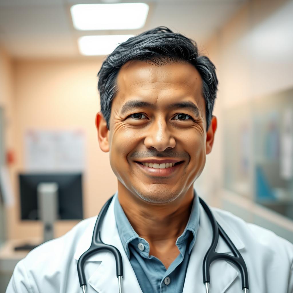 A portrait of a confident middle-aged male doctor in a modern, well-lit clinic