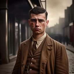 Generate a photo-realistic image of a 29-year-old English gangster, dressed in early 20th century fashion, showing signs of recent combat, in the ambiance of Bristol, shortly after WW1.