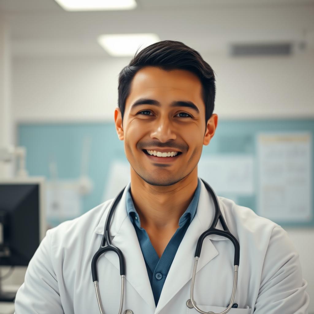 A portrait of a confident male doctor resembling the user, in a modern, well-lit clinic