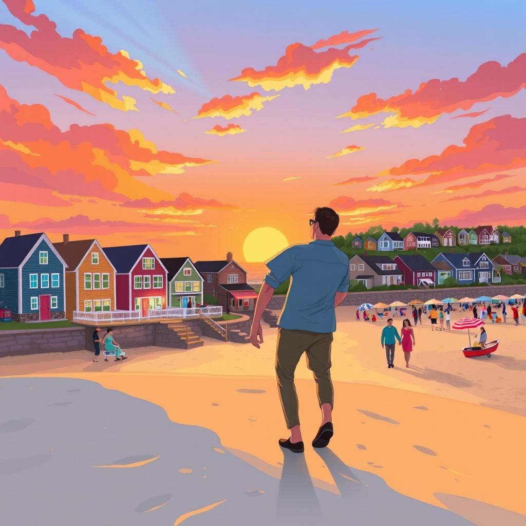 A heartwarming and vibrant illustration inspired by the poem 'Time for Love' set in Provincetown