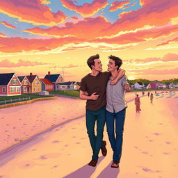 A heartwarming and vibrant illustration inspired by the poem 'Time for Love' set in Provincetown