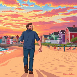 A heartwarming and vibrant illustration inspired by the poem 'Time for Love' set in Provincetown