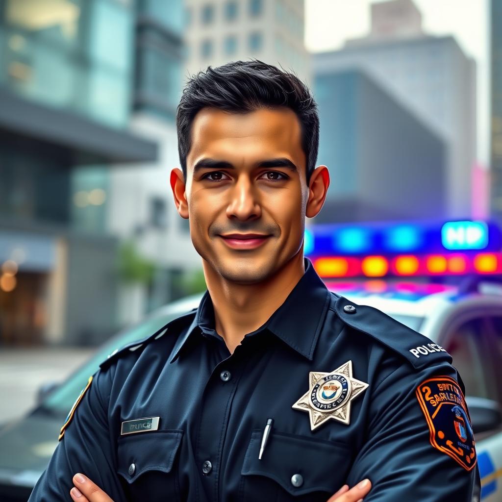 A portrait of a confident male police officer resembling the user, standing proudly in a modern urban setting