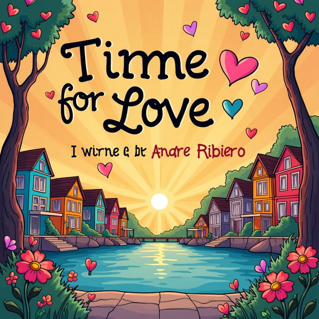 A vibrant and playful book cover for the poem "Time for Love" by author Andre Ribeiro