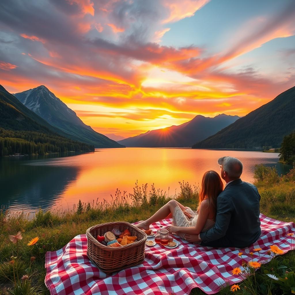 A stunning and dreamy landscape featuring a serene lake surrounded by lush greenery and majestic mountains in the background