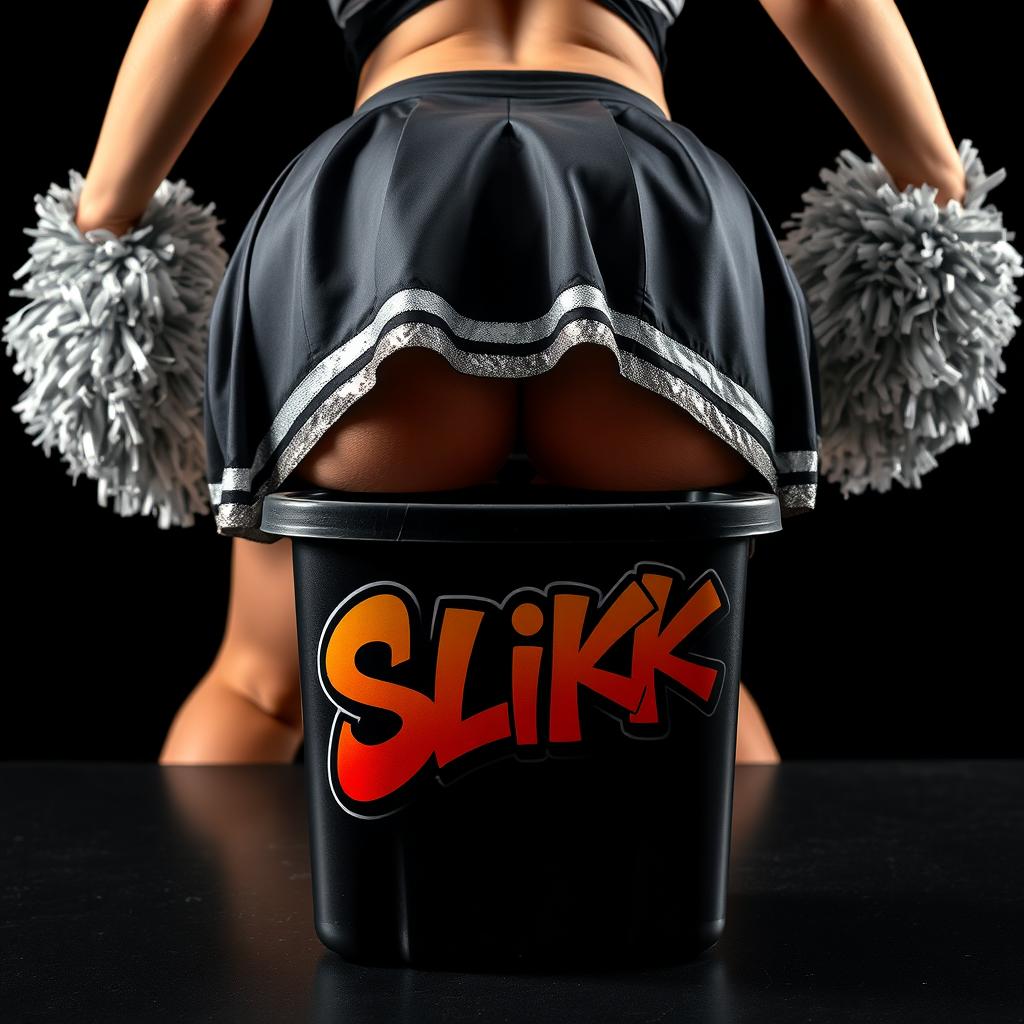 An extreme close-up of a round booty bending over a table, covered by a black and silver cheerleader skirt that shines in the light
