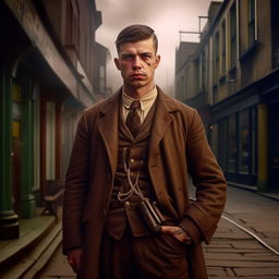 Generate a photo-realistic image of a 29-year-old English gangster, dressed in early 20th century fashion, showing signs of recent combat, in the ambiance of Bristol, shortly after WW1.