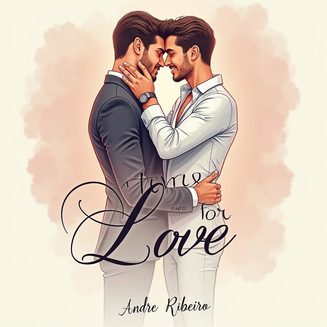 A romantic book cover design titled 'Time for Love', featuring a beautifully sketched scene that portrays a tender moment between two elegant men in a loving embrace
