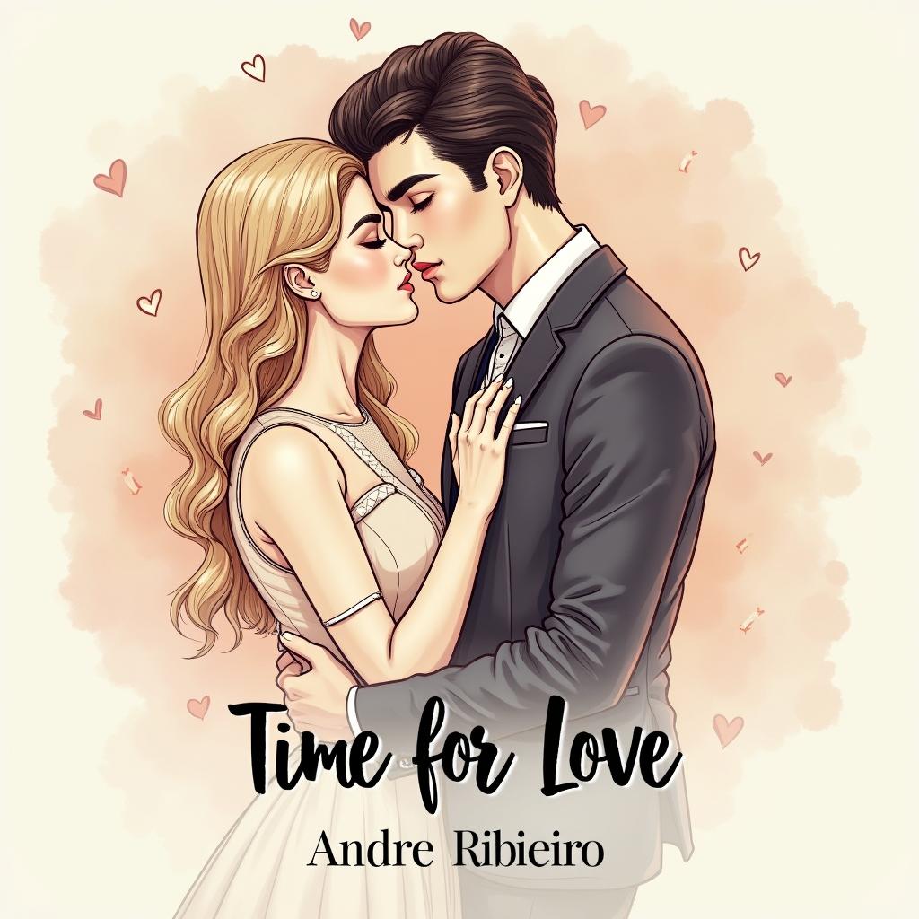 A romantic book cover design titled 'Time for Love', featuring a beautifully sketched scene that portrays a tender moment between two elegant men in a loving embrace