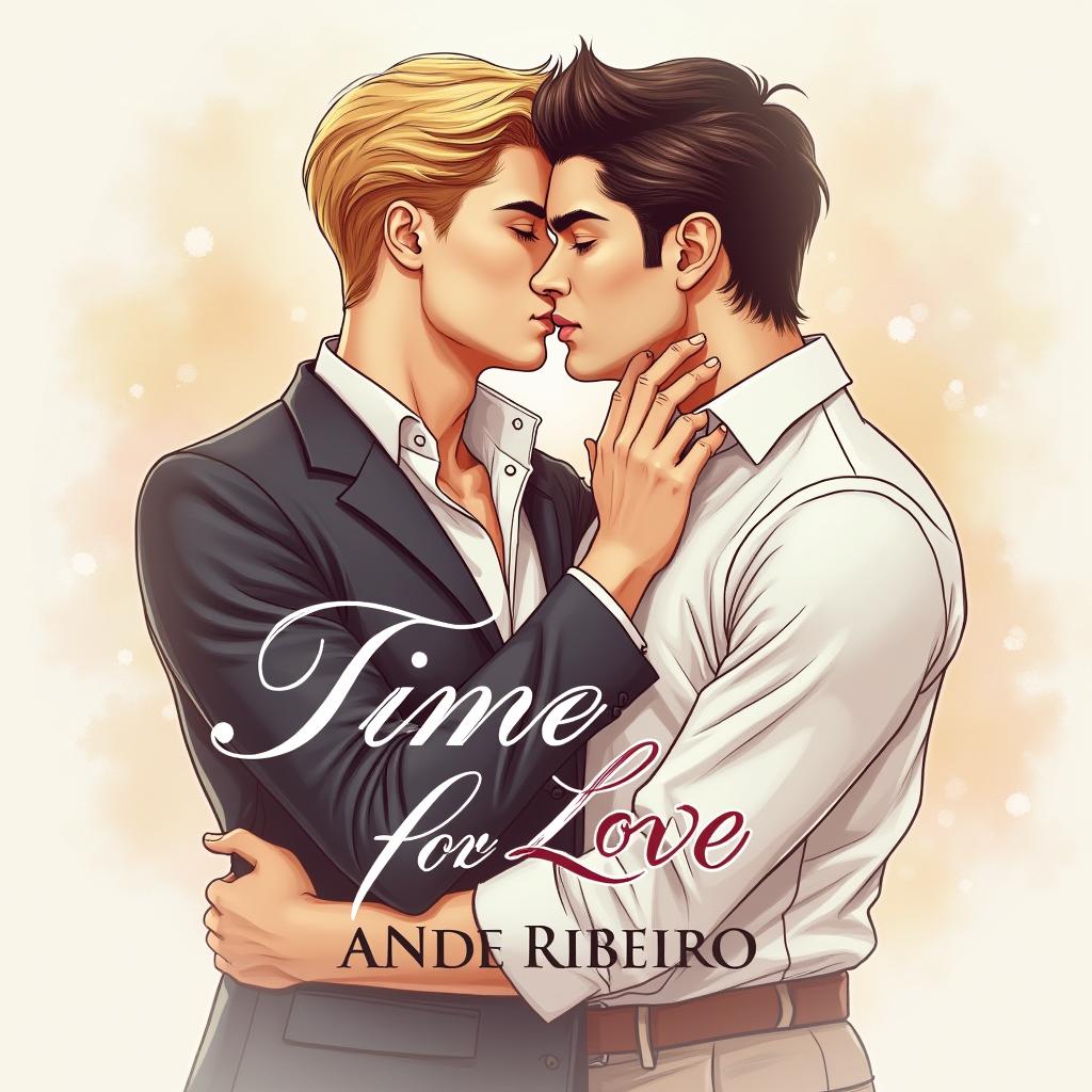 A romantic book cover design titled 'Time for Love', featuring a beautifully sketched scene that captures an intimate moment between two elegant men in a loving embrace