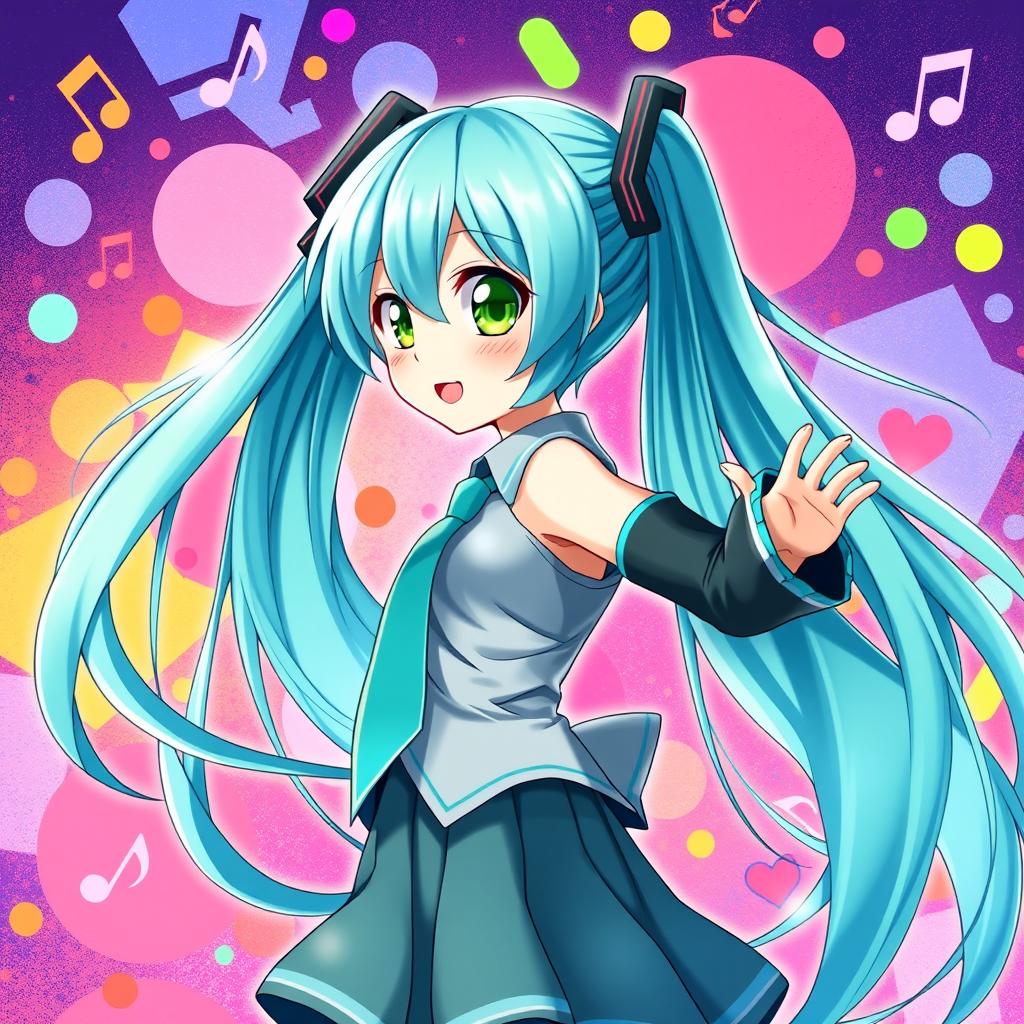 A detailed side profile of Hatsune Miku, featuring her iconic long aqua hair flowing elegantly, wearing her traditional outfit with a pleated skirt, arm warmers, and a tie
