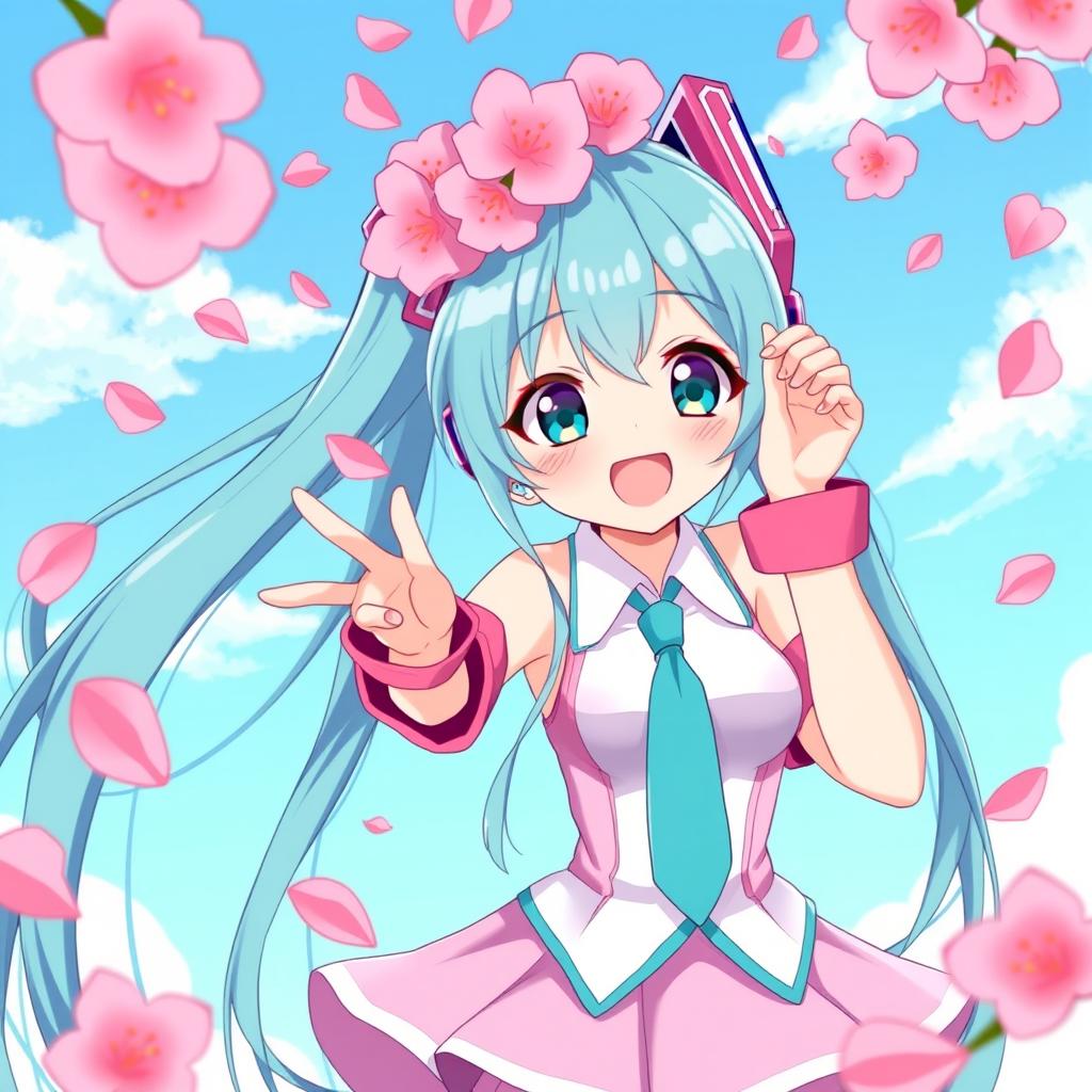 A vibrant and colorful illustration featuring Hatsune Miku in a moe art style, characterized by her signature long turquoise hair and futuristic outfit