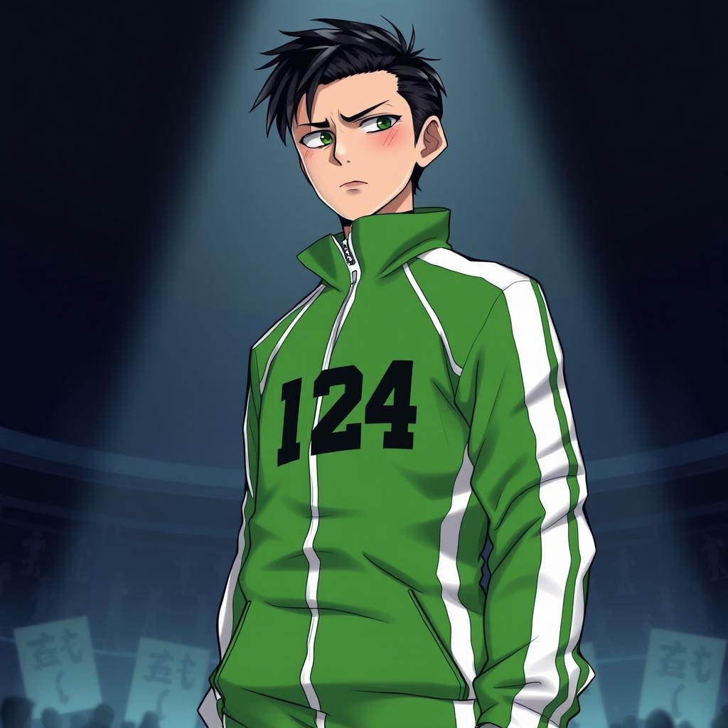 A detailed character illustration of Player 124 from Squid Game, featuring a tall figure wearing the iconic green tracksuit with the number '124' prominently displayed on the front