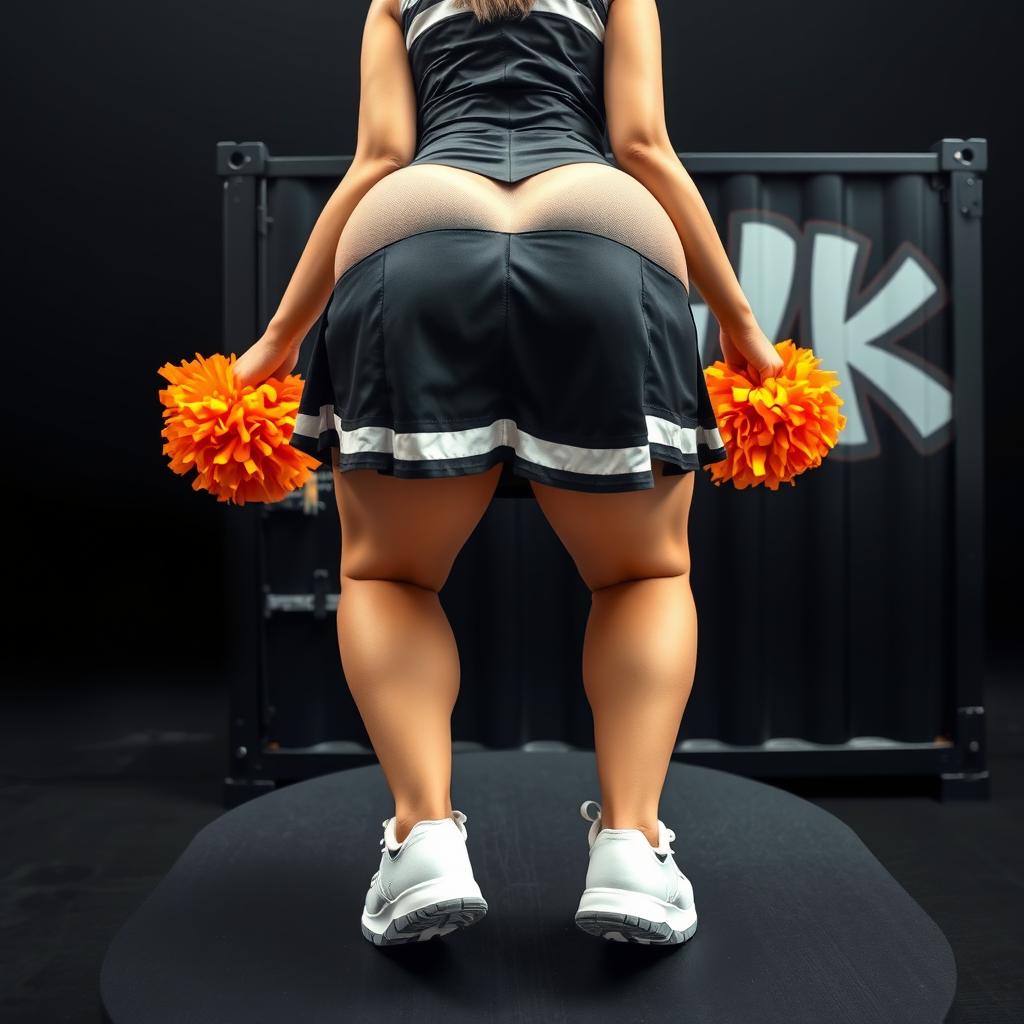 An extreme close-up view of a round booty bending over a table, wearing a black and silver cheerleader skirt