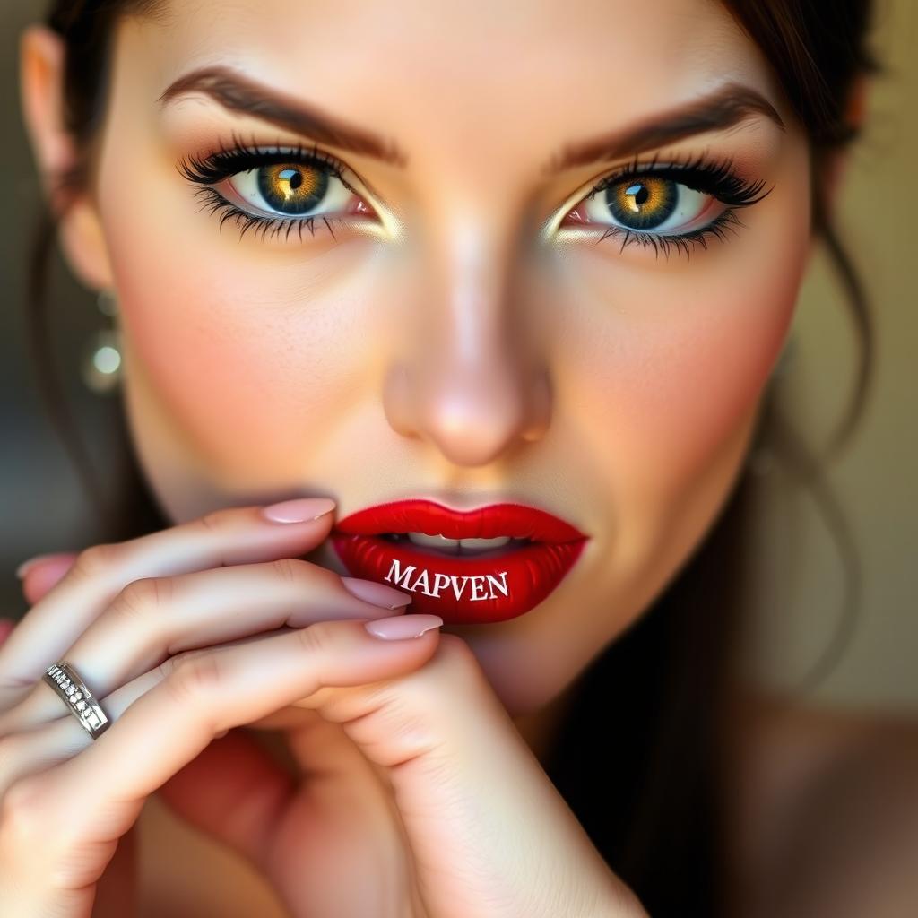 A close-up portrait focusing on three distinct sections: the eyes which are bright and expressive, showcasing deep golden irises surrounded by thick, dark eyelashes; the mouth which is slightly open with soft, plump lips painted in a glossy, seductive shade of red; and hands that are elegant and graceful, gently resting on the chin, with perfectly manicured nails and a delicate ring on the index finger