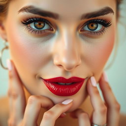A close-up portrait focusing on three distinct sections: the eyes which are bright and expressive, showcasing deep golden irises surrounded by thick, dark eyelashes; the mouth which is slightly open with soft, plump lips painted in a glossy, seductive shade of red; and hands that are elegant and graceful, gently resting on the chin, with perfectly manicured nails and a delicate ring on the index finger